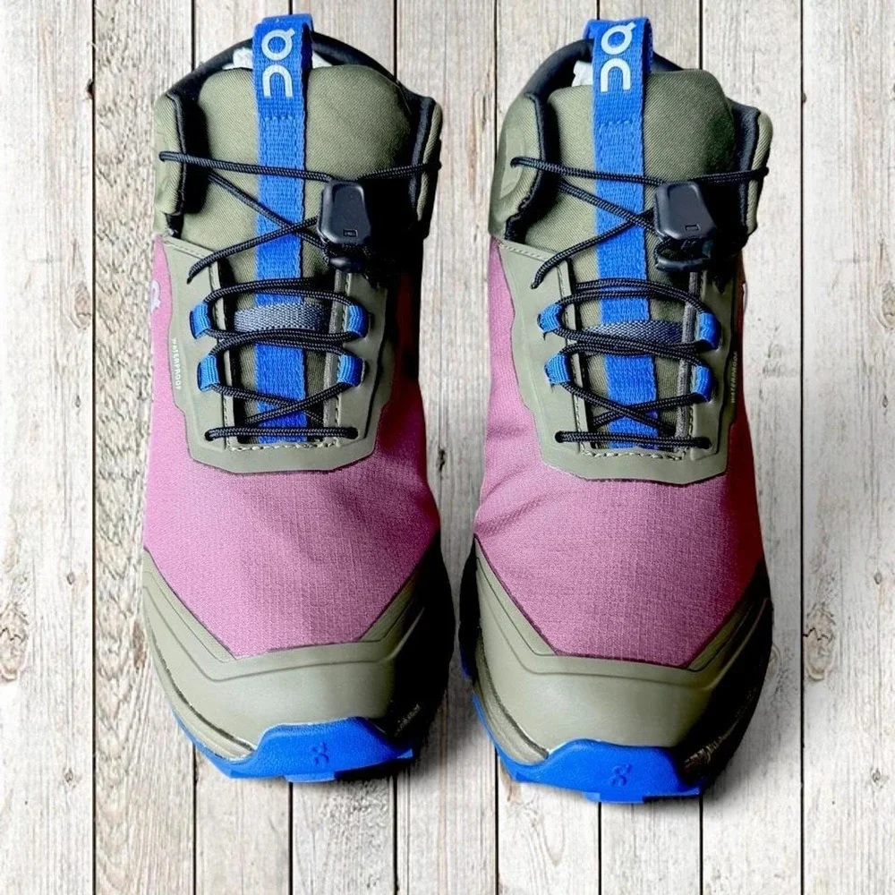 On Cloudhero Mid Waterproof Hiking Boots Cherry Olive Blue Youth 4.5Y NEW